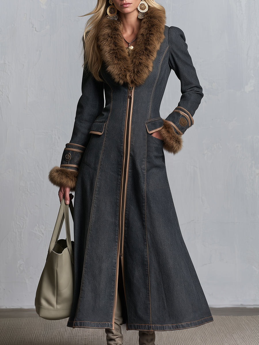 Elegant Faux Fur Trim Charcoal Fit And Flare Zip Front Denim Maxi Coat