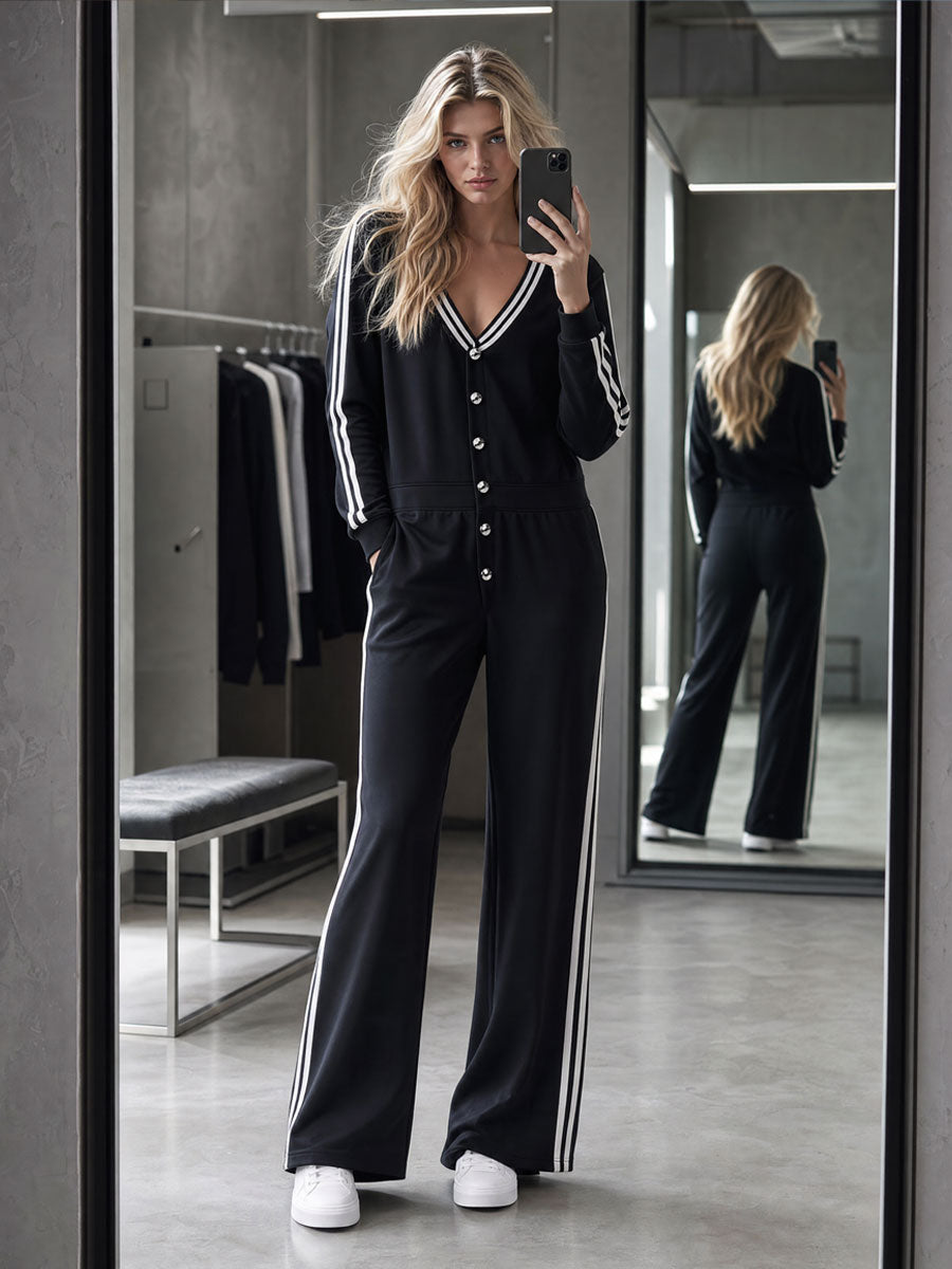 Casual Retro Color-blocked Trim Black Long-sleeved V-neck Button Cotton Jumpsuit