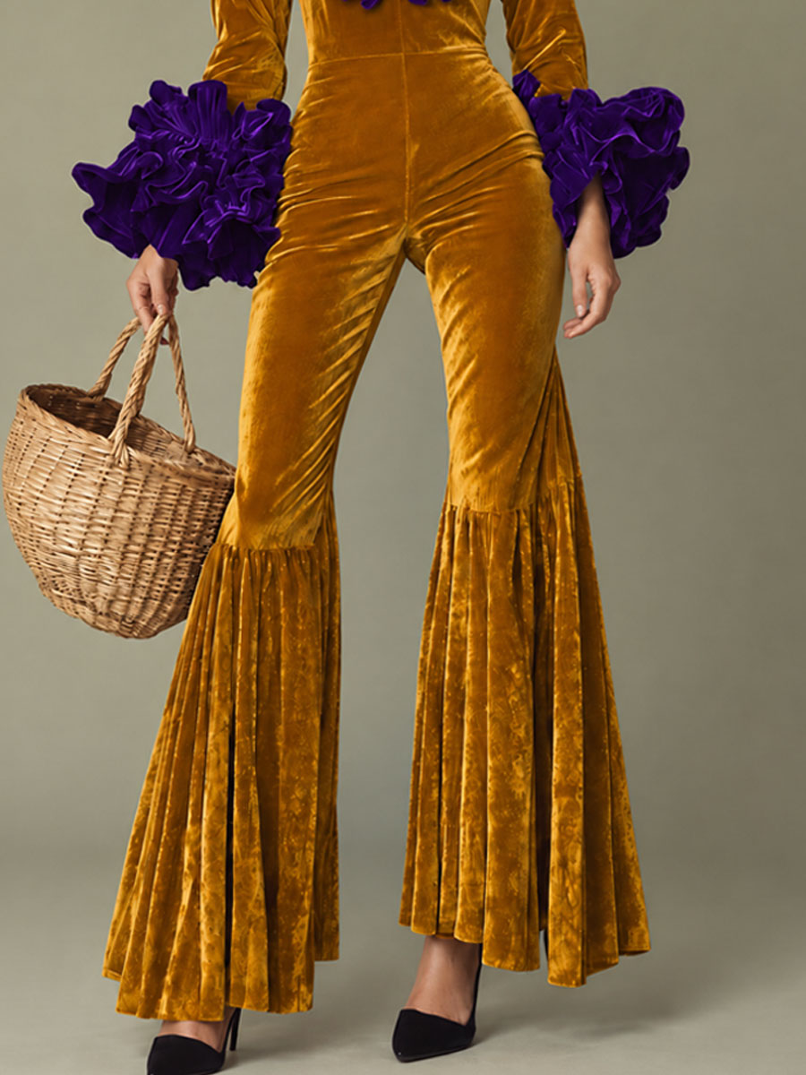 Fashion Party Purple Ruffle Long Sleeve Flared Gold Velvet Jumpsuit