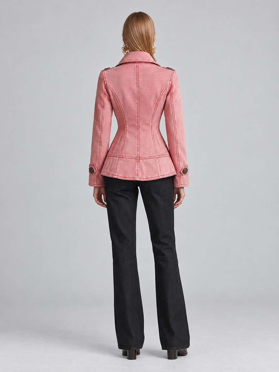 Vintage Military Double Breasted Pink Washed Peplum Fitted Denim Jacket