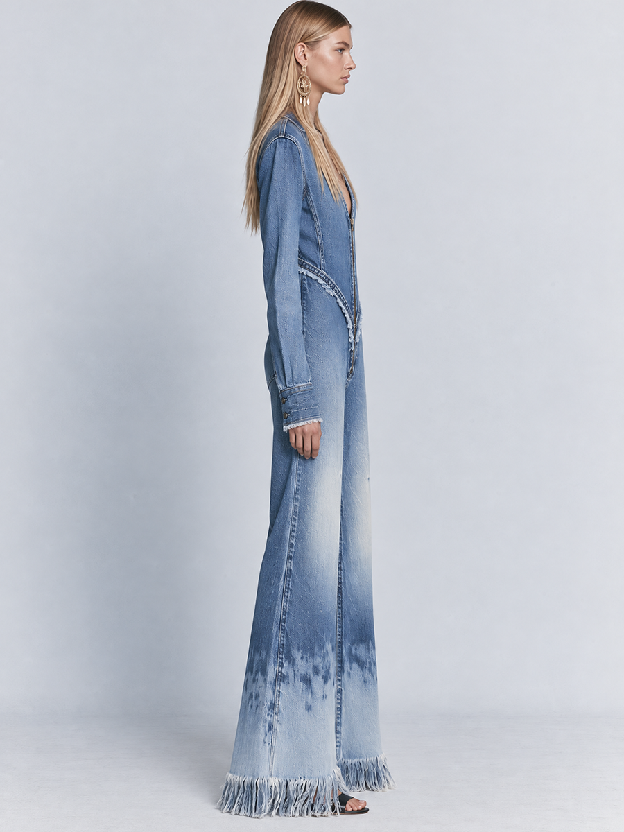 Boho Fringe Hem Zip Front V-Neck Long Sleeve Faded Wide Leg Denim Jumpsuit
