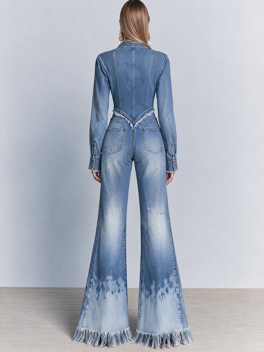Boho Fringe Hem Zip Front V-Neck Long Sleeve Faded Wide Leg Denim Jumpsuit