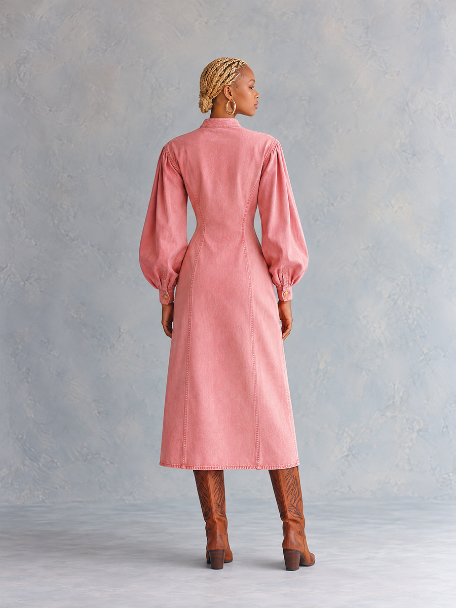 Romantic Western Pink Heart Print Puff Sleeve Button Front Denim Midi Dress