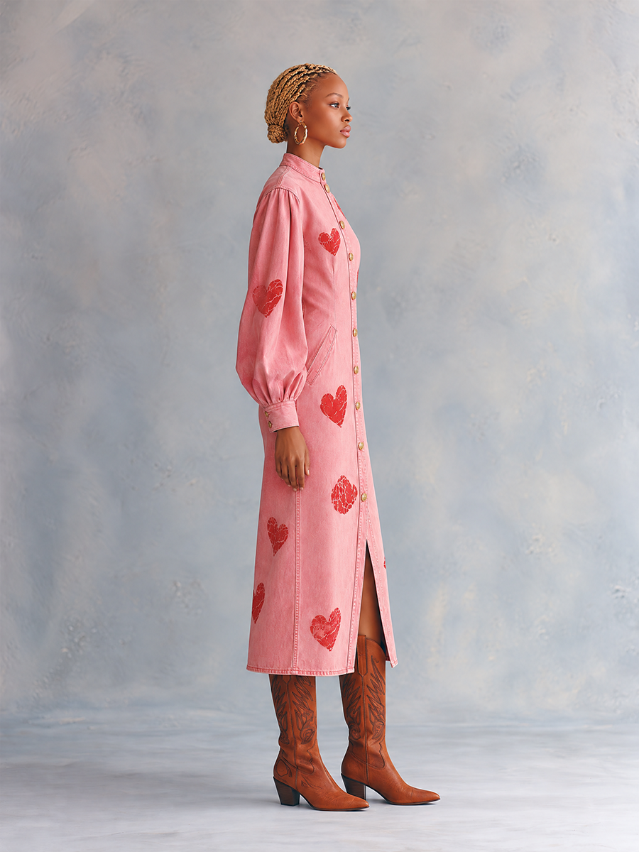 Romantic Western Pink Heart Print Puff Sleeve Button Front Denim Midi Dress