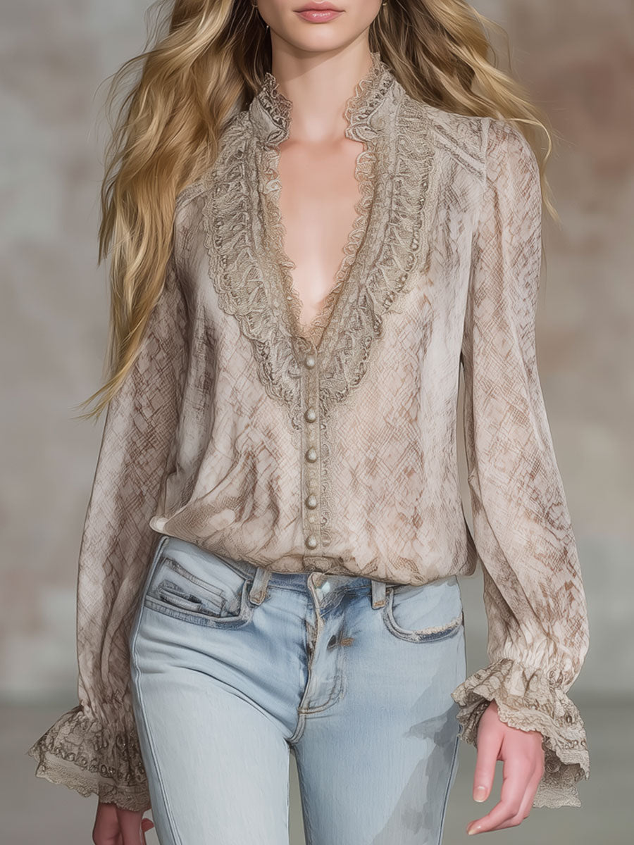 Retro Resort Snake Print Champagne Chiffon Long-Sleeve Shirt
