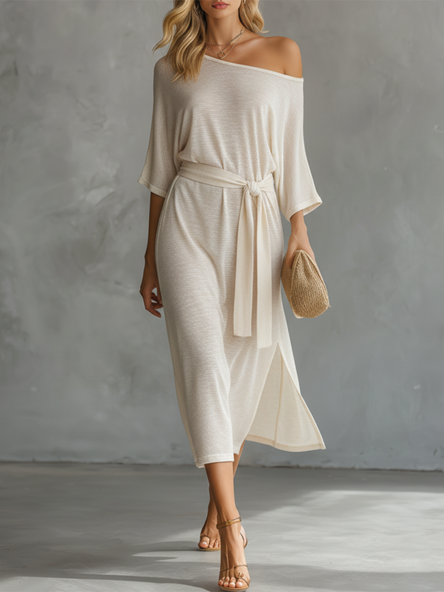 Lazy And Elegant Off-shoulder Short-sleeved Slit Midi Dress
