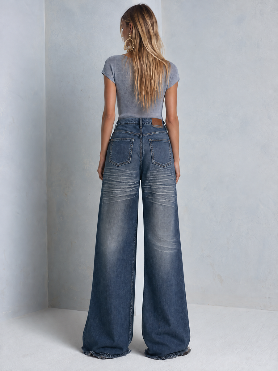Vintage Western Studded Pocket Whiskered Wash Wide Leg Jeans