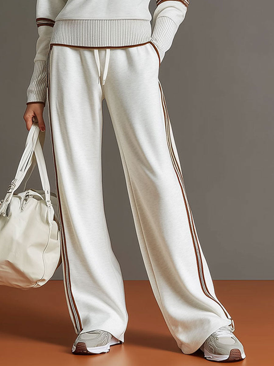 Retro Sporty Webbing Grey-white Half-zip Sweatshirt And Wide-leg Pants Set