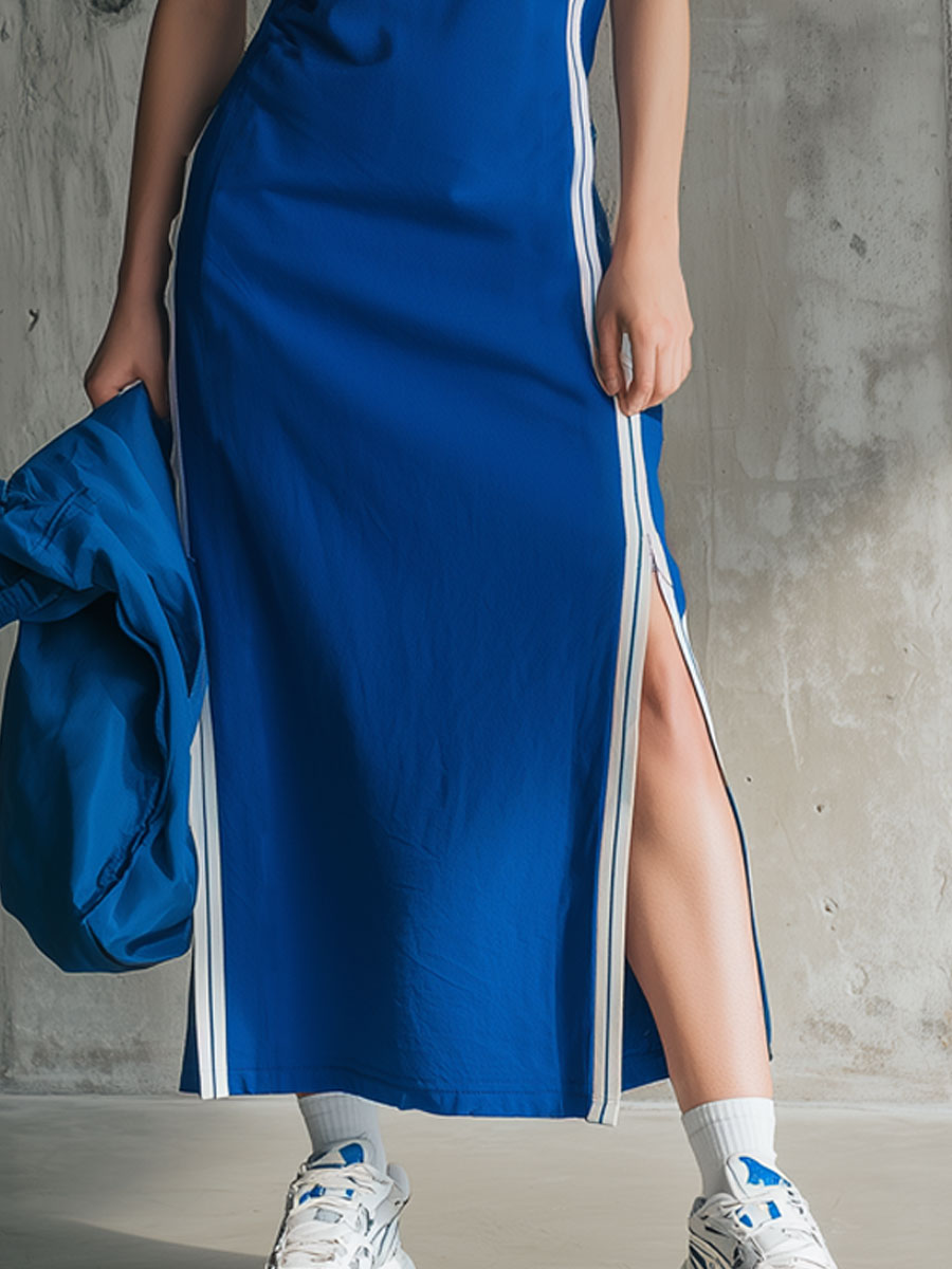 Sporty Retro Embroidered Ribbon Slit Royal Blue Sleeveless Midi Dress