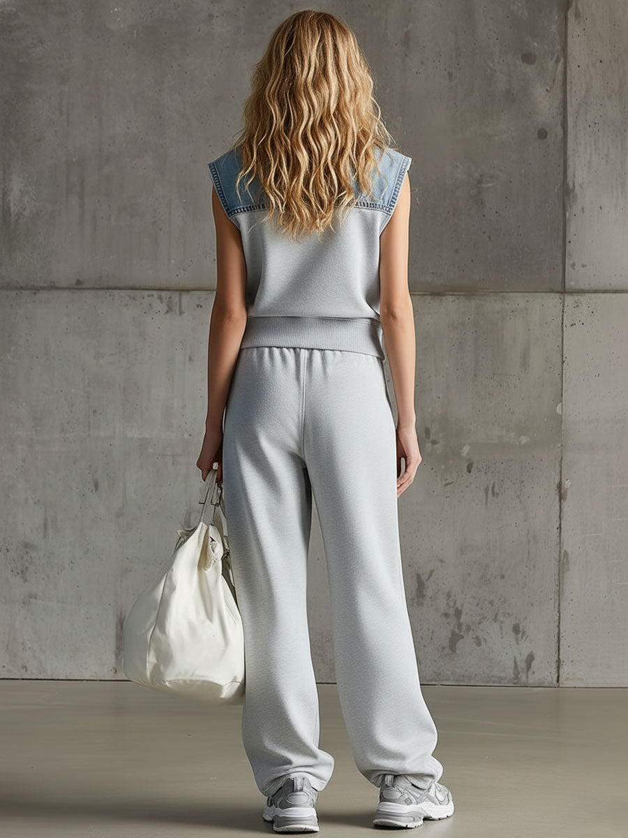 Casual Retro Denim Patchwork Light Gray Sleeveless Sweatshirt And Pants Set