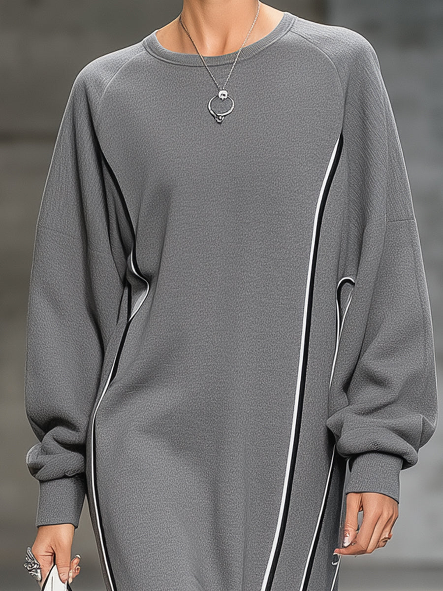 Fashionable Sporty Grey Crew Neck Patchwork Webbing Sweatshirt Midi Dress