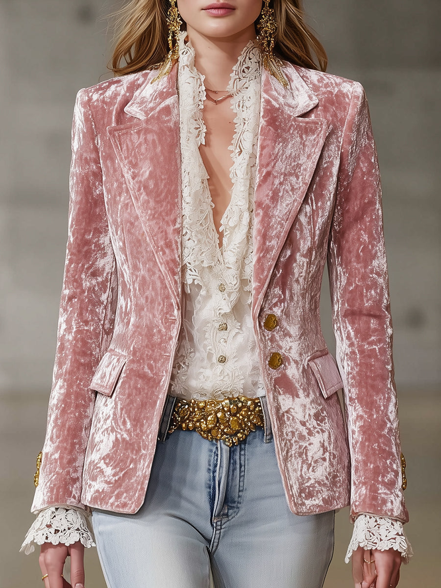 Fashion Retro Pink Velvet Gold Button Blazer