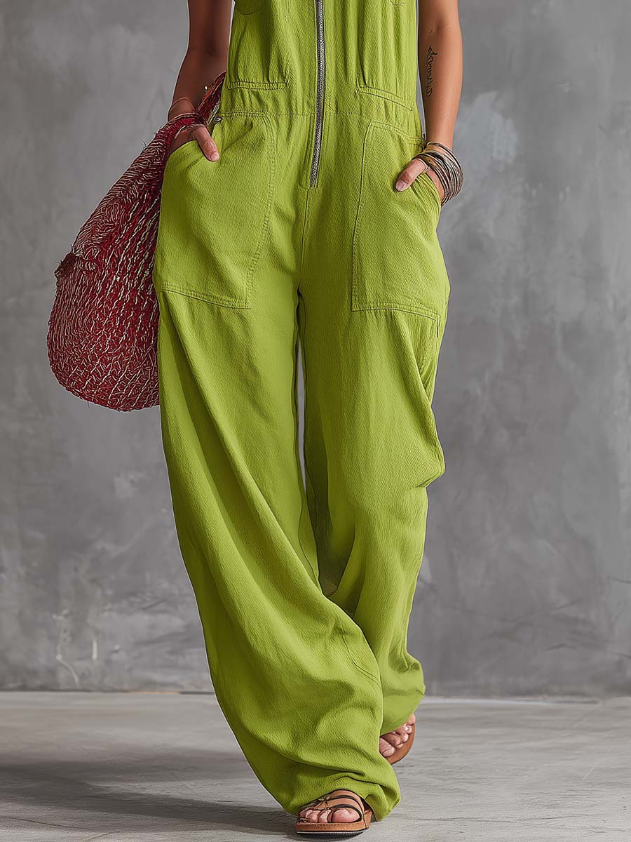 Casual Retro Western Collar Front Zipper Bright Green Cotton Linen Jumpsuit