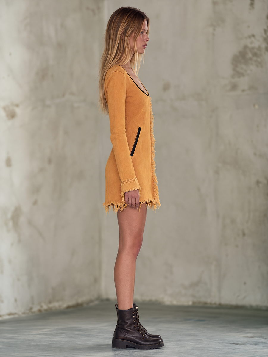 Boho Chic Mustard Frayed Fringe Scoop Neck Long Sleeve Denim Mini Dress