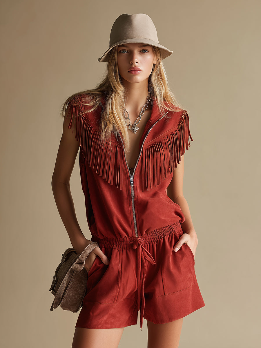 Retro Western-style Stand-collar Zippered Sleeveless Faux Suede Jumpsuit