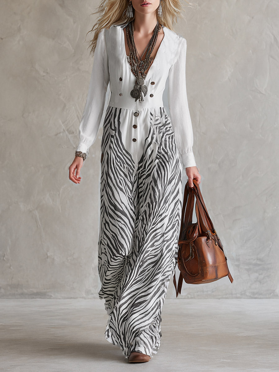 Chic Urban White Zebra-Print Long-Sleeve Wide-Leg Jumpsuit