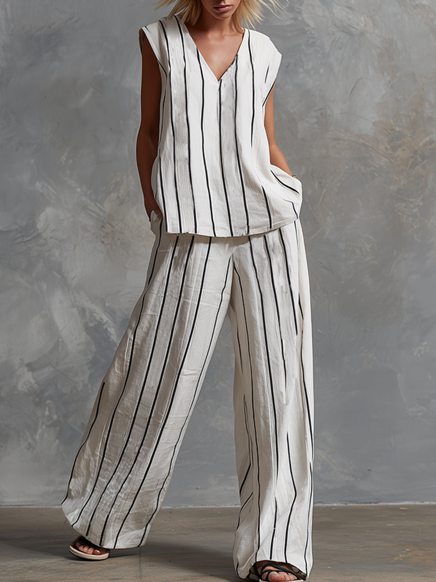 Classic Striped White Cotton Sleeveless Top And Wide-leg Pants Set