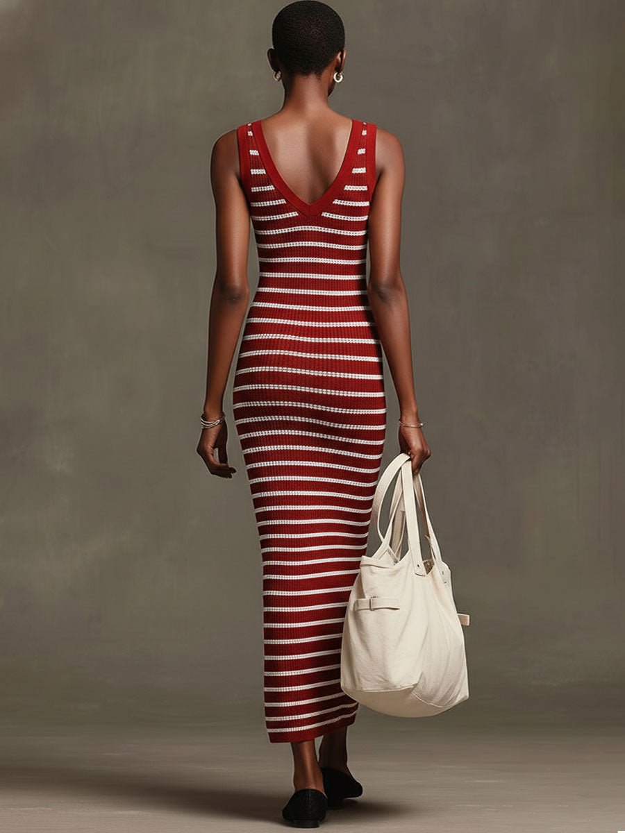 Fashionable Retro Red And White Striped Knit Sleeveless Maxi Dress