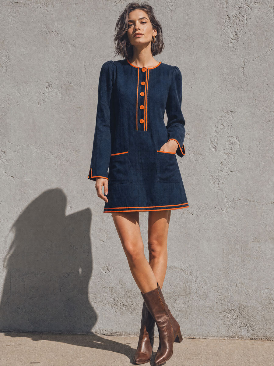 Casual Retro Color-blocked Trimmed Blue Round Neck Cotton Linen Mini Dress