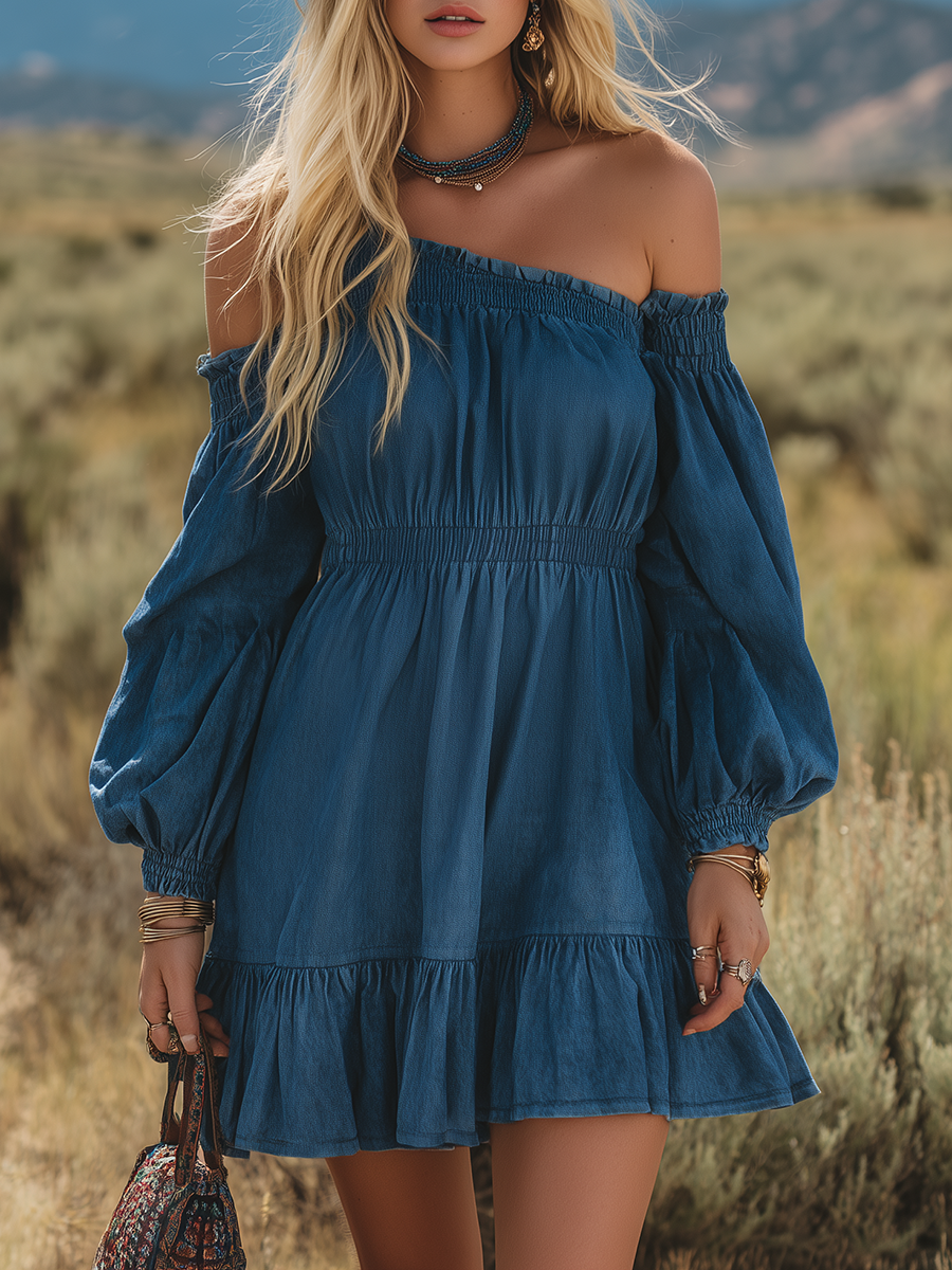 Vintage Single-shoulder Long-sleeved Ruffled Denim Mini Dress