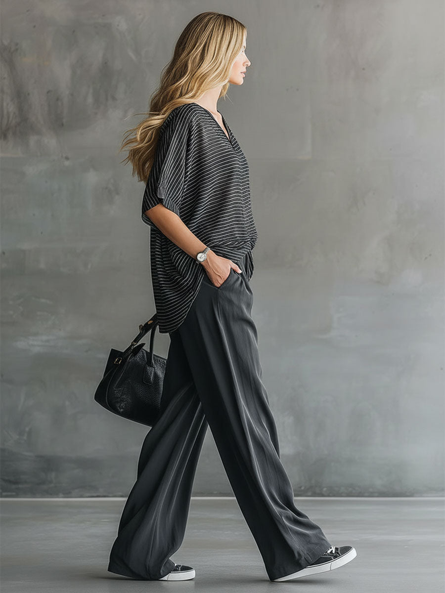 Stylish And Casual Black Short-sleeved Top And Gray Chiffon Pants Set