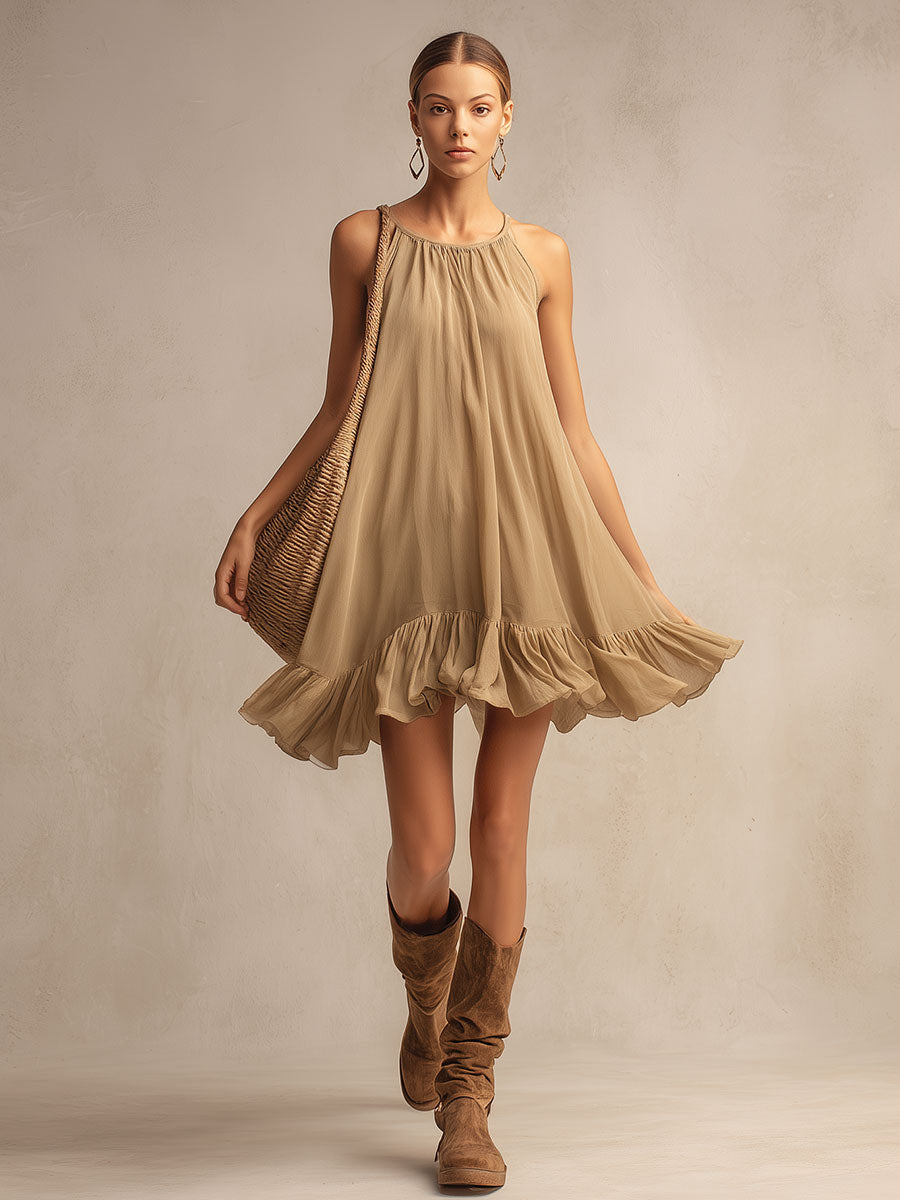 Casual Vacation Style Light Brown Round Neck Chiffon Mini Dress