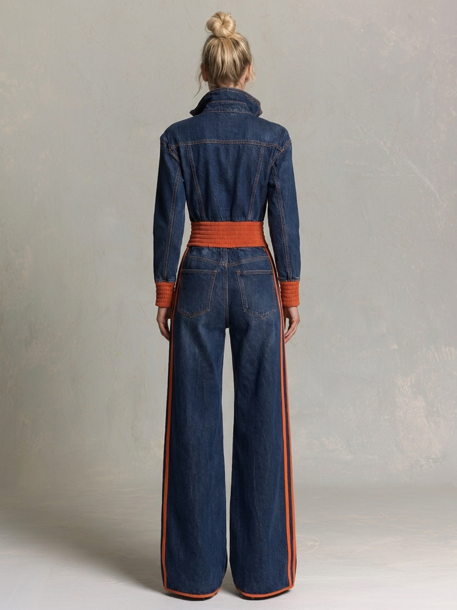 Retro Sporty Orange Stripe Plunge Zip Front Wide Leg Denim Jumpsuit