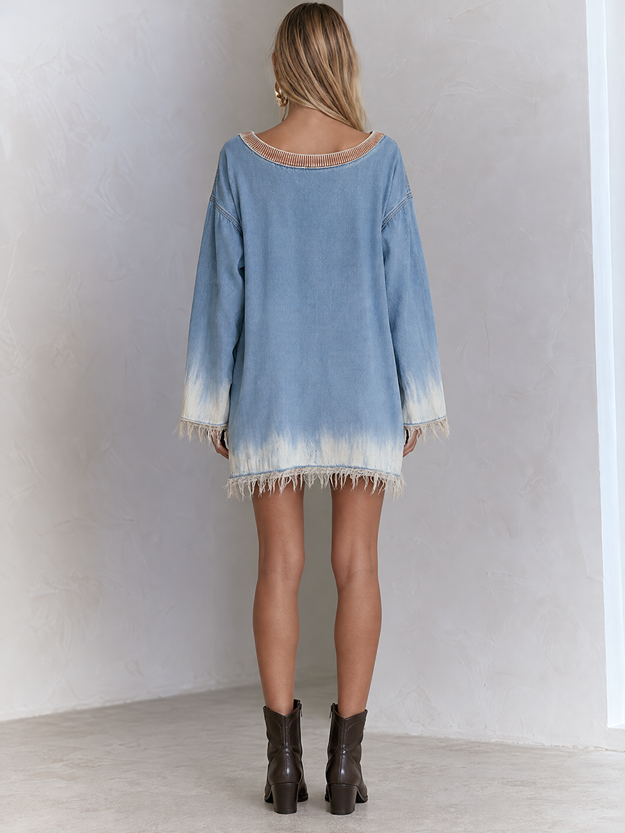 Boho Chic Fringe Hem Dip Dye Boat Neck Oversized Denim Tunic Dress