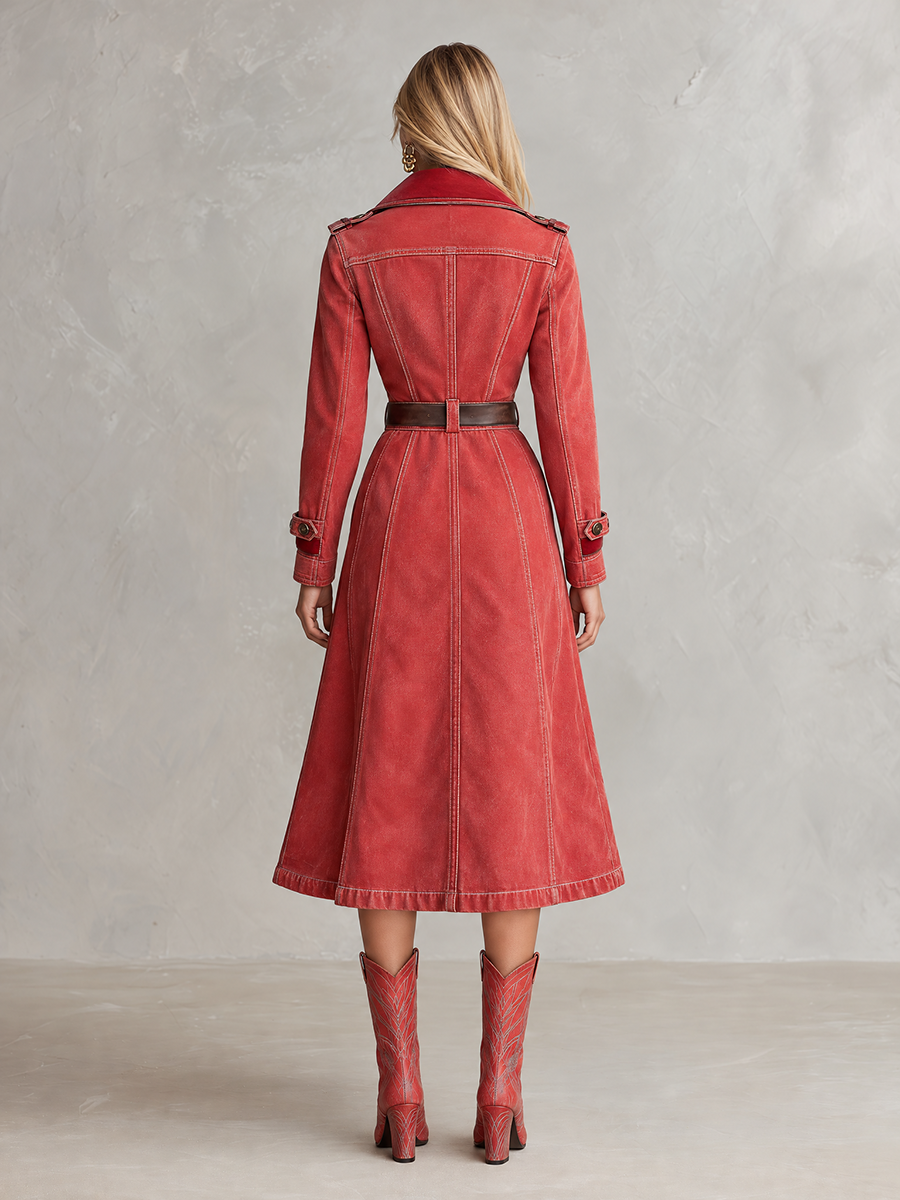 Vintage Western Red Velvet Collar Belted Button Front Denim Trench Coat