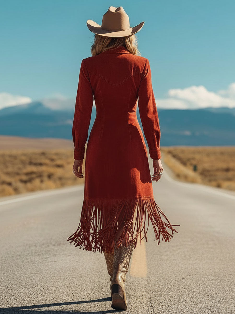Western Retro Red Faux Suede Embroidered Long-Sleeved Tassel Midi Dress