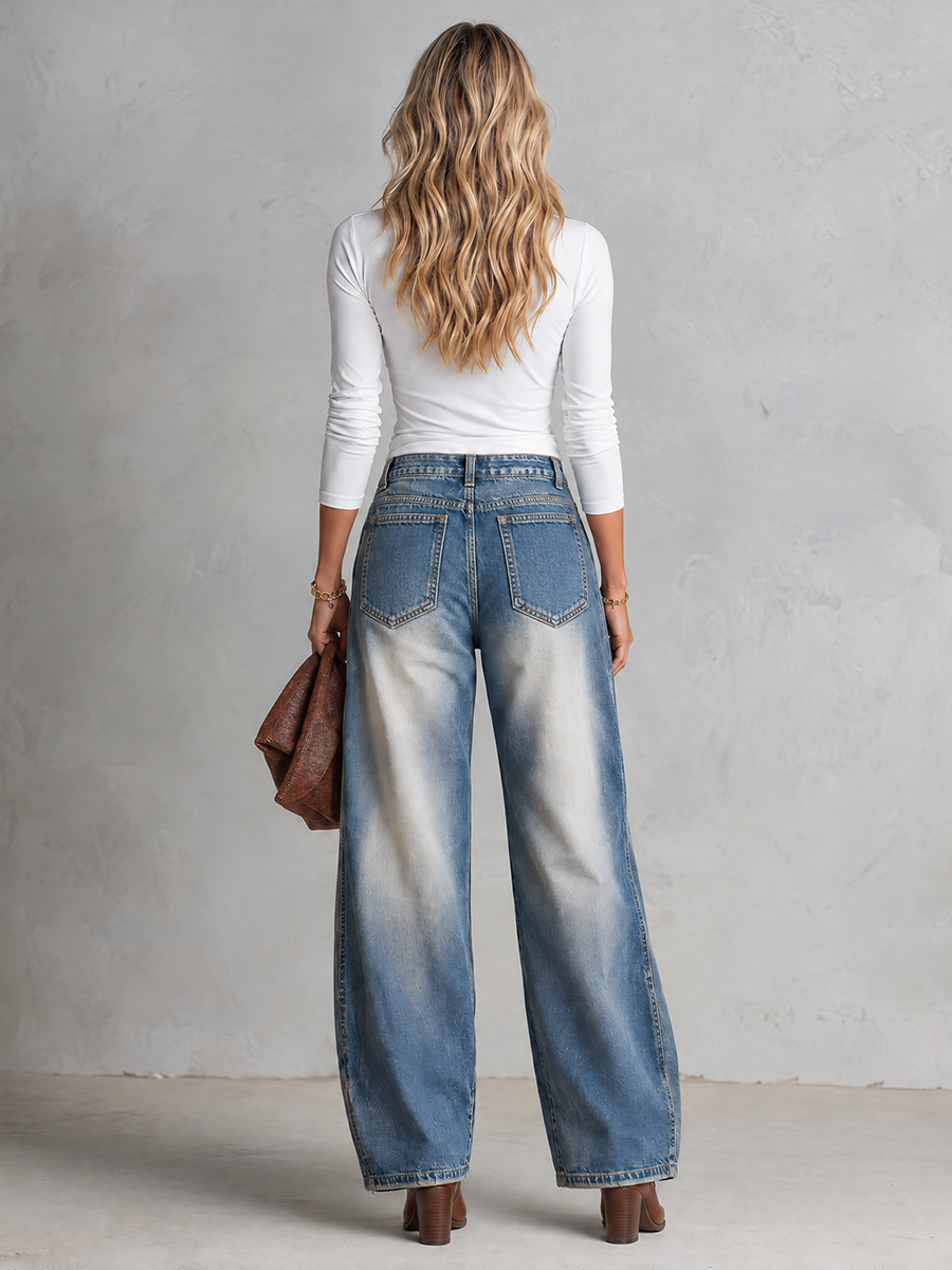 Vintage Americana Gold Star Embroidered Faded Wash Barrel Leg Jeans