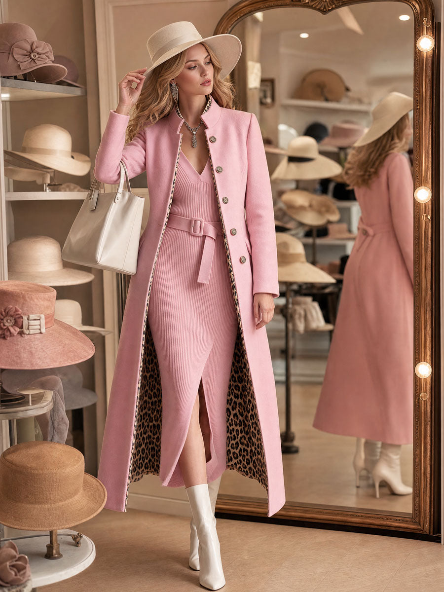 Retro-chic Pink Knit Dress And Leopard-print Lined Wool Blend Coat