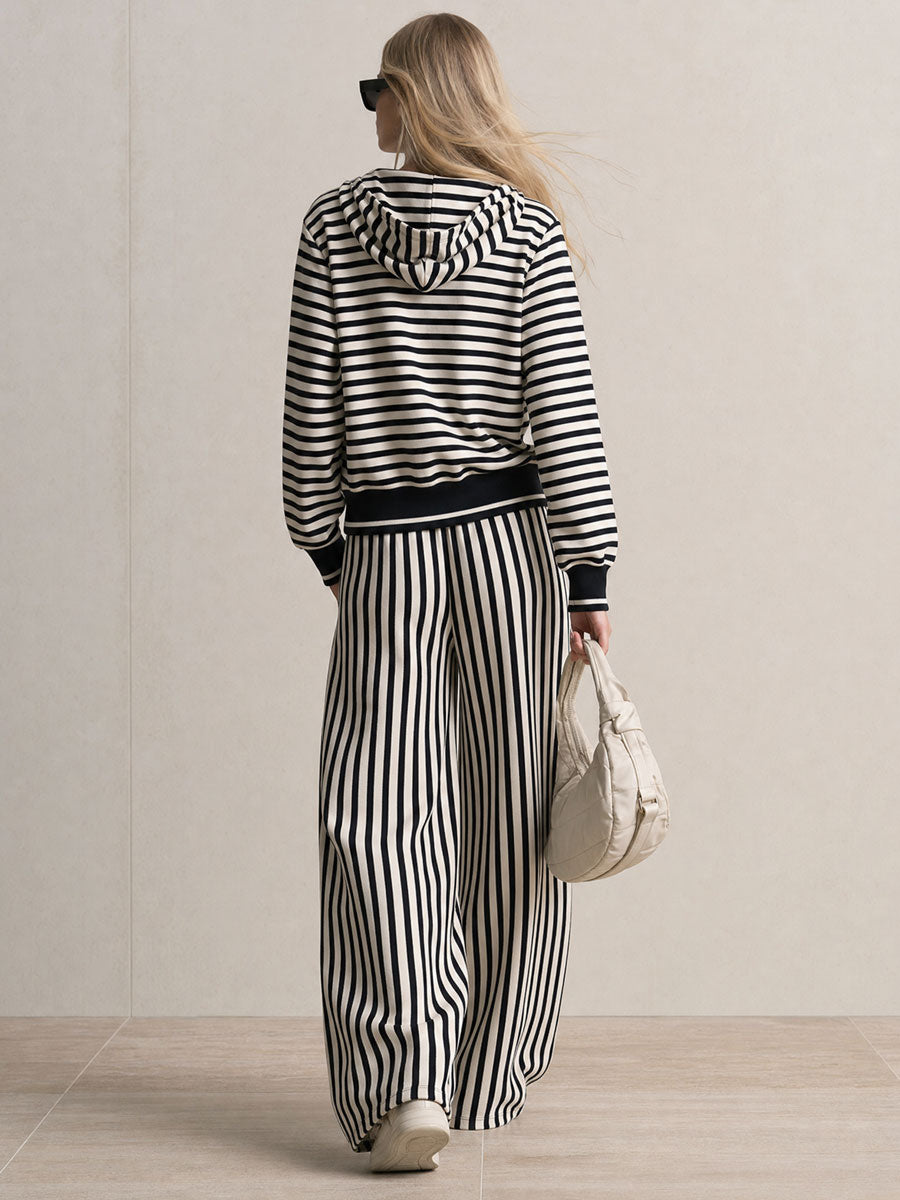 Retro Sporty Black And White Striped Cotton Cardigan And Pants Set