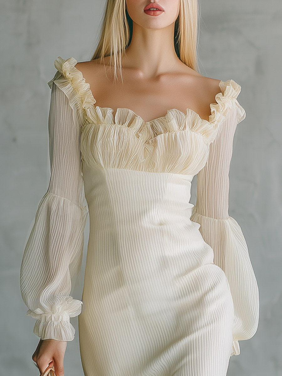 Exquisite And Elegant Square Neckline Ruffles Chiffon Midi Dress