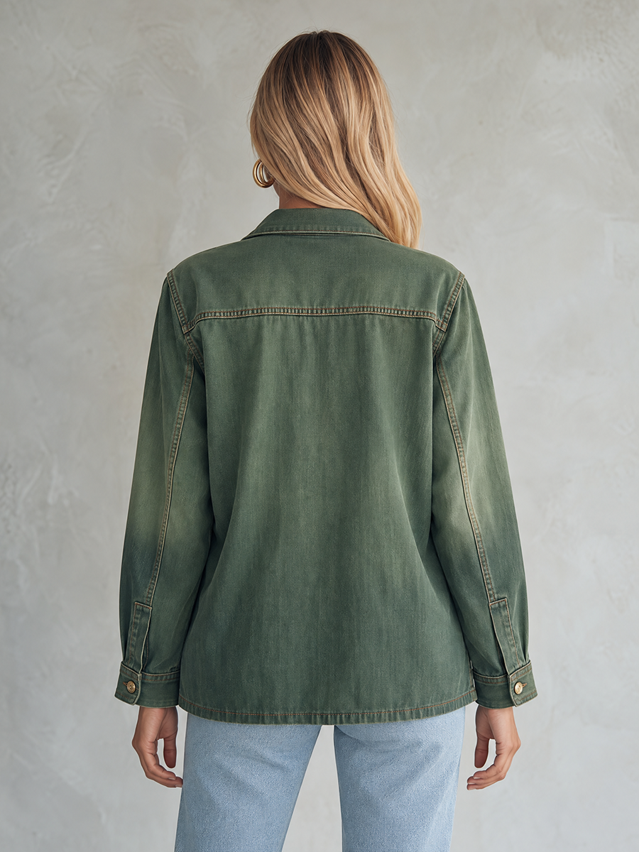 Vintage Utility Olive Green Ombre Gold Button Oversized Denim Shirt Jacket