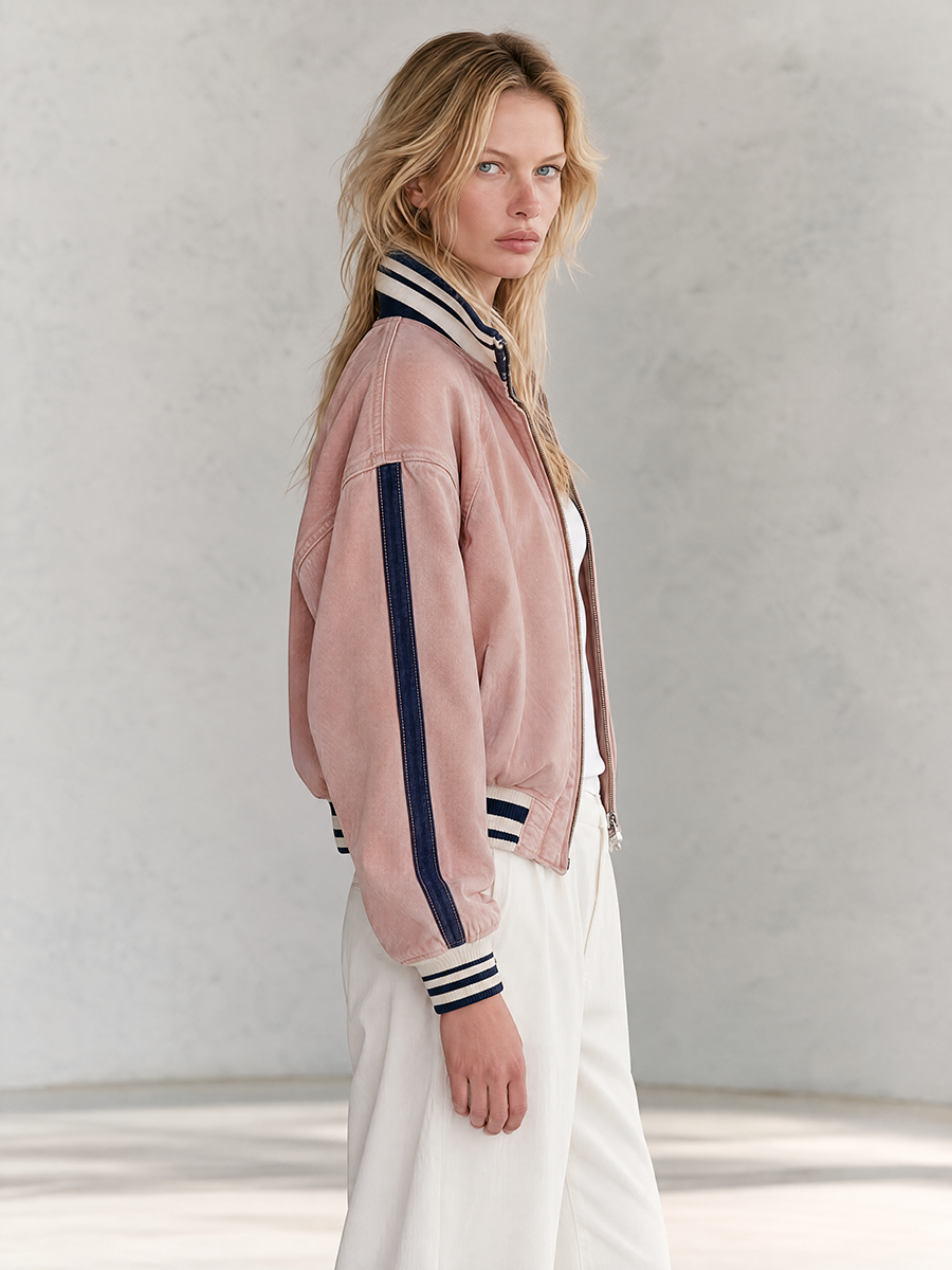 Retro Sporty Pink Washed Striped Rib Trim Oversized Zip Up Denim Bomber Jacket