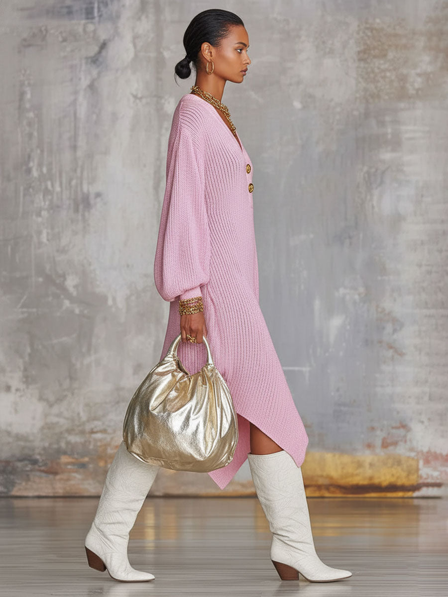 Pink V-neck Button-up Irregular Knit Long-sleeved Midi Dress