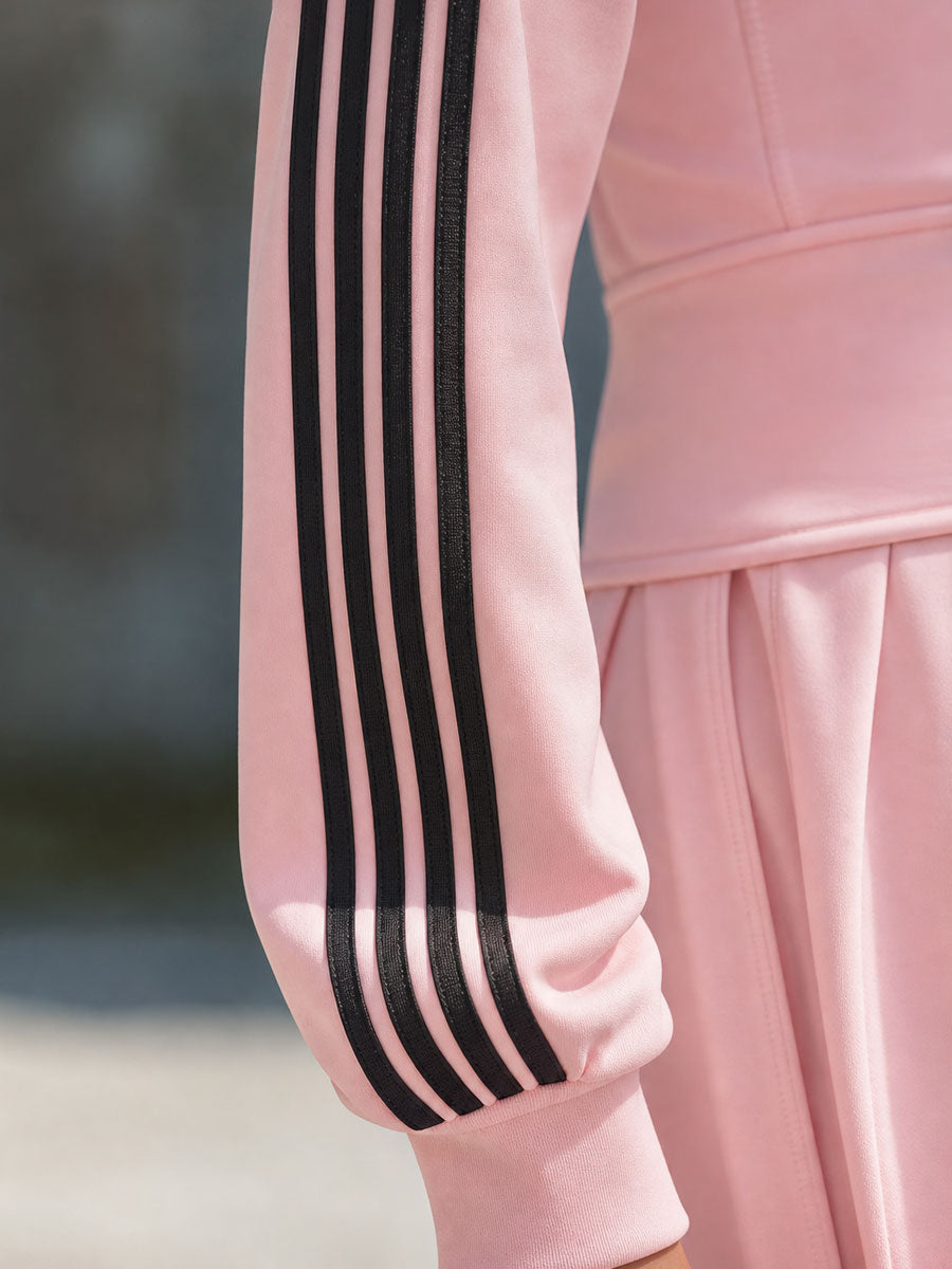 Casual Sporty Retro Striped Pink Cotton Long-sleeved Midi Dress