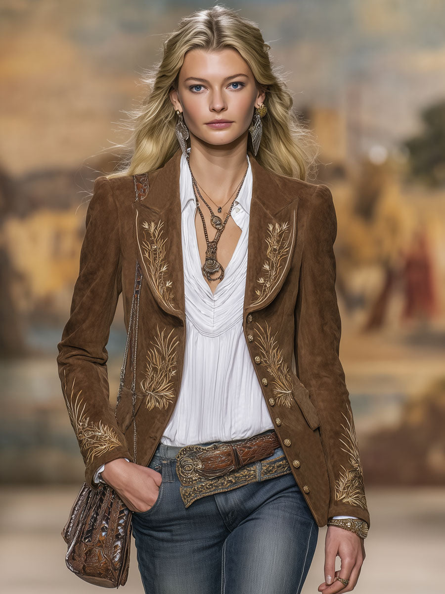 Western-style Retro Embroidered Single-breasted Double-pocket Blazer