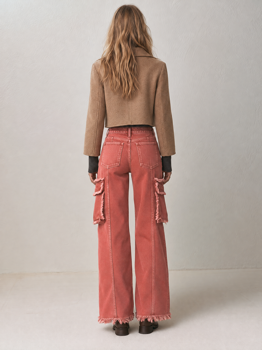 Boho Utility Rust Red Frayed Cargo Pocket High Rise Wide Leg Jeans