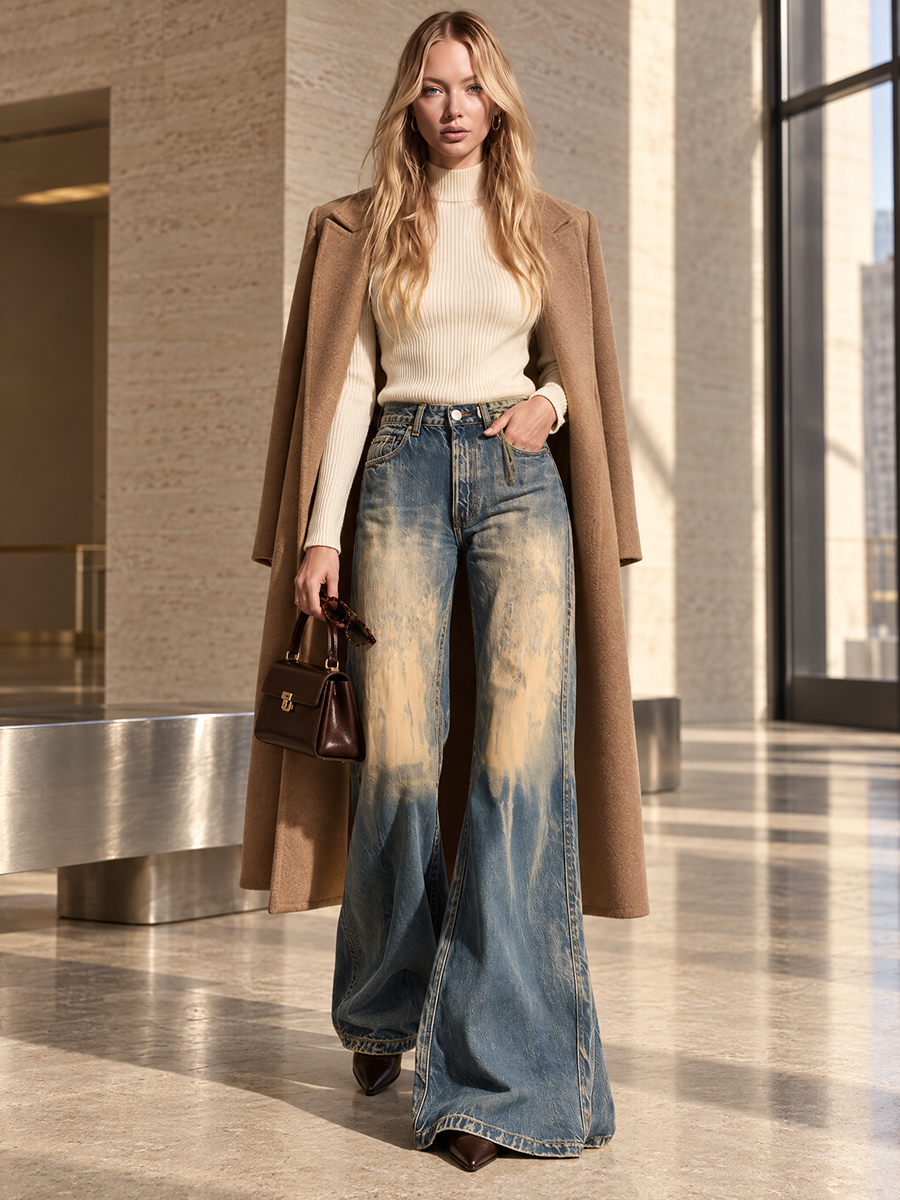 Retro Boho Mud Wash Distressed High Rise Bell Bottom Flare Jeans