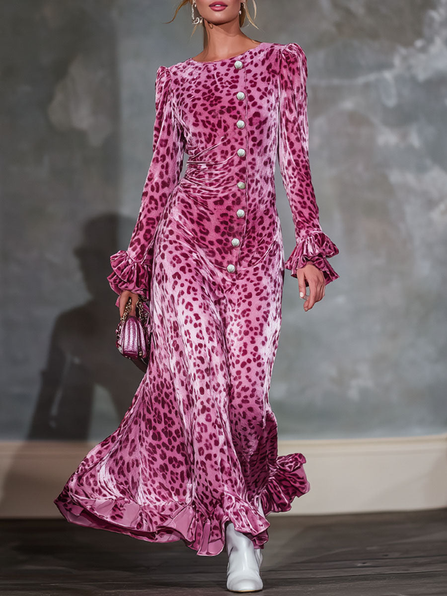Round Neck Multi-button Leopard Print Ruffled Long-sleeved Maxi Dress