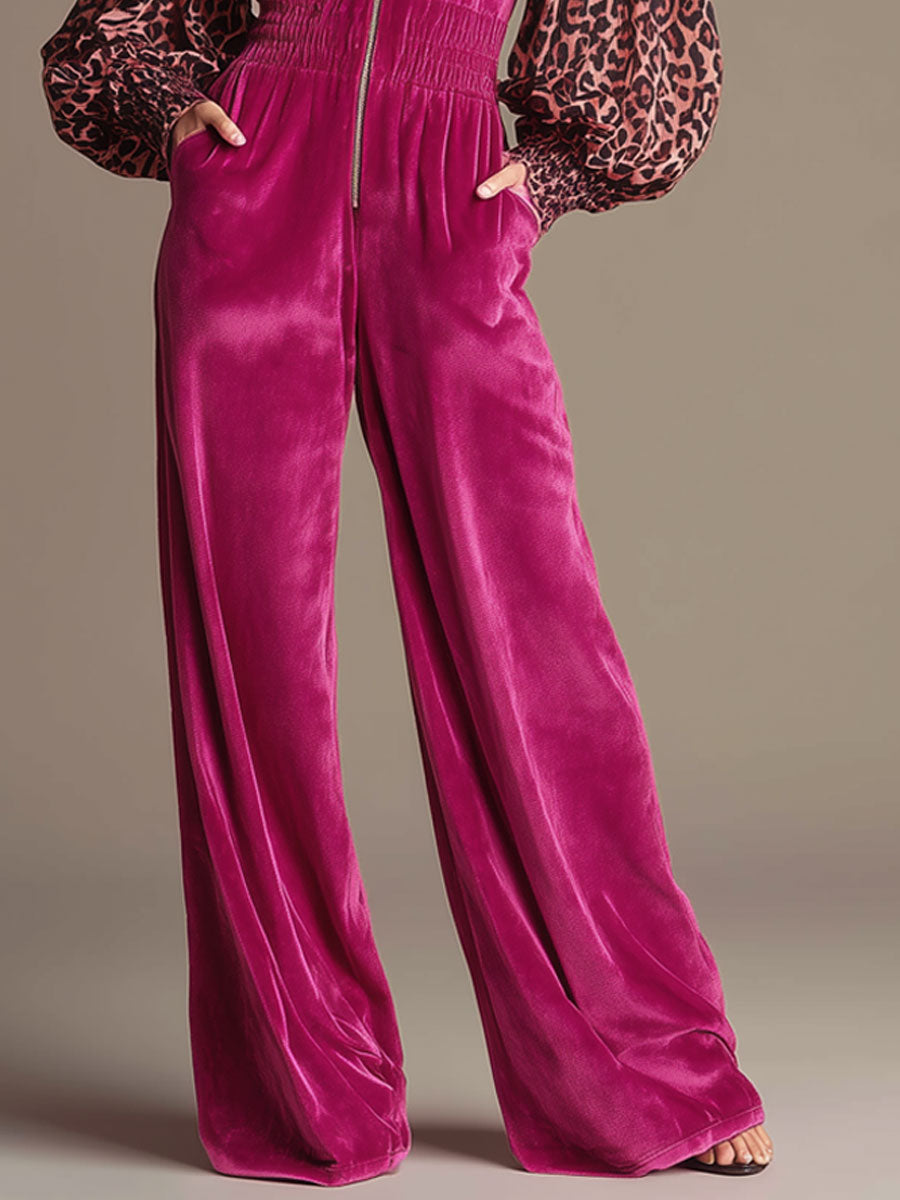 Casual Retro Long-Sleeved Chiffon Leopard Print Rose Red Velvet Wide-Leg Hooded Jumpsuit