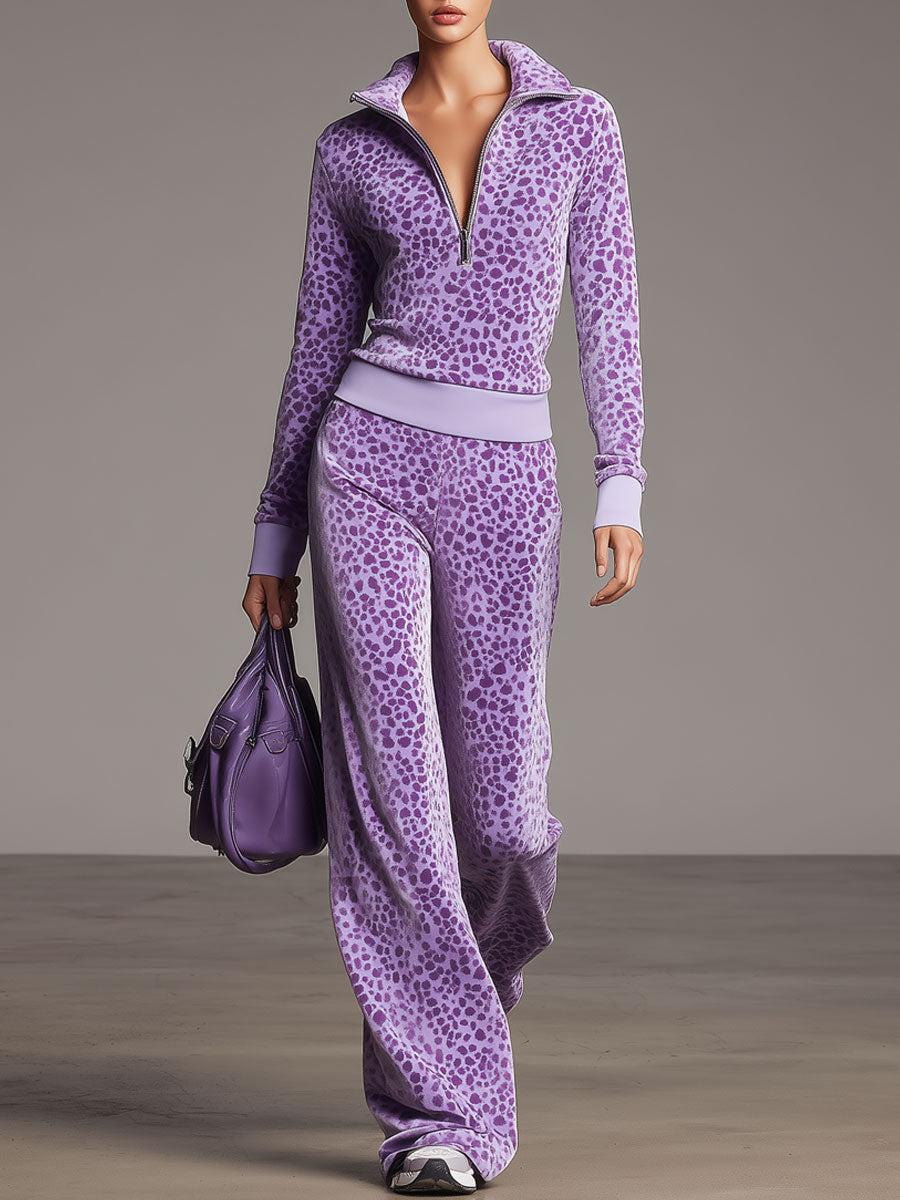 Sporty Retro Purple Leopard Print Velvet Half-Zip Sweatshirt And Wide-Leg Pants Set