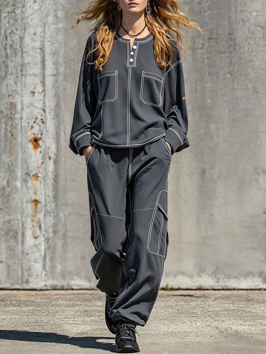 Sporty Retro Dark Gray Cotton Sweatshirt And Cargo Pants Set