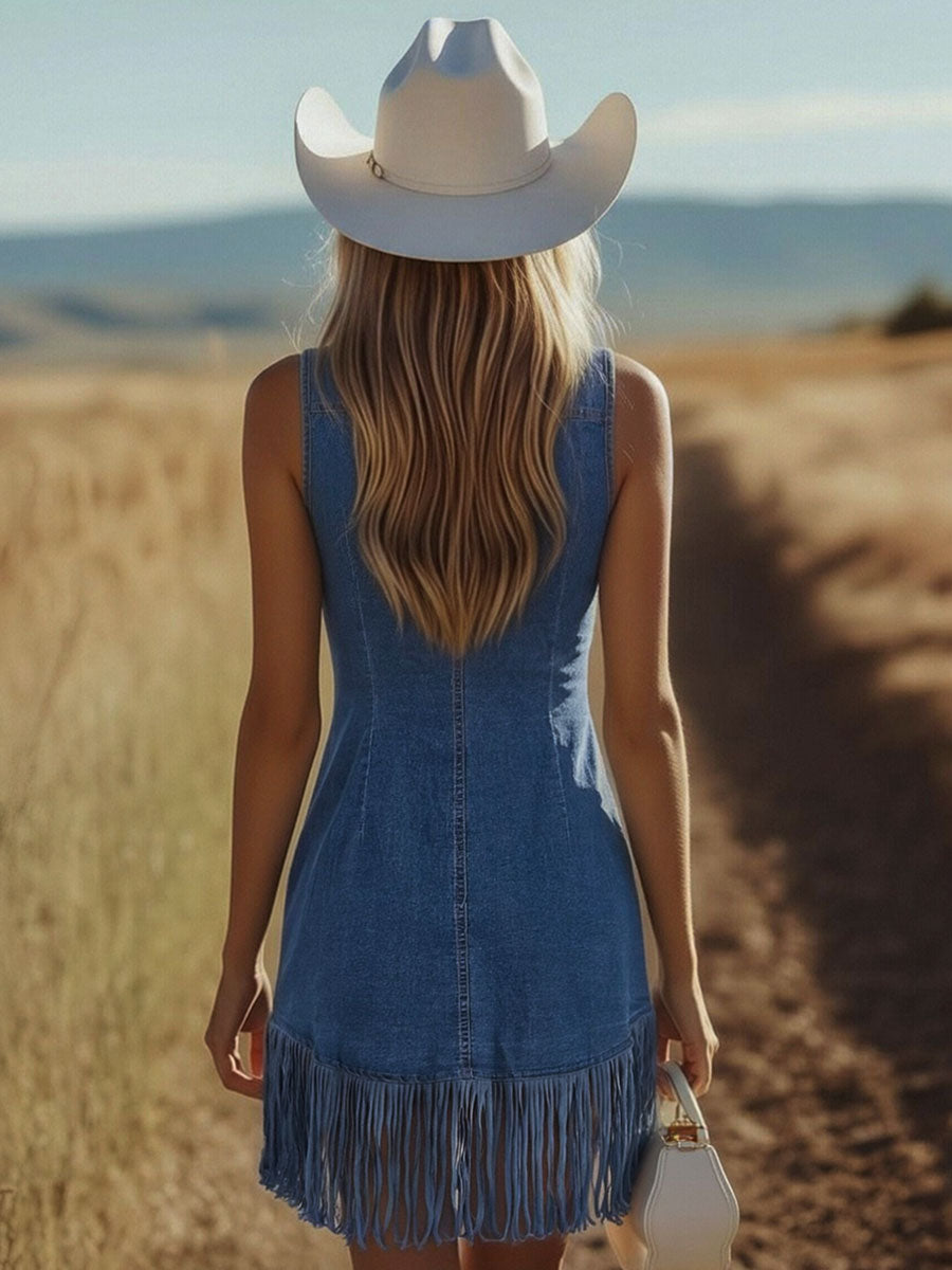 Casual Vintage Blue Denim V-Neck Tie Sleeveless Tassel Mini Dress