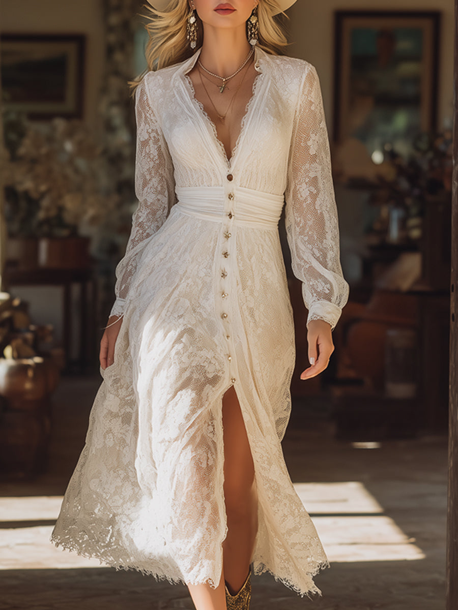Elegant Vacation V-neck White Lace Maxi Dress