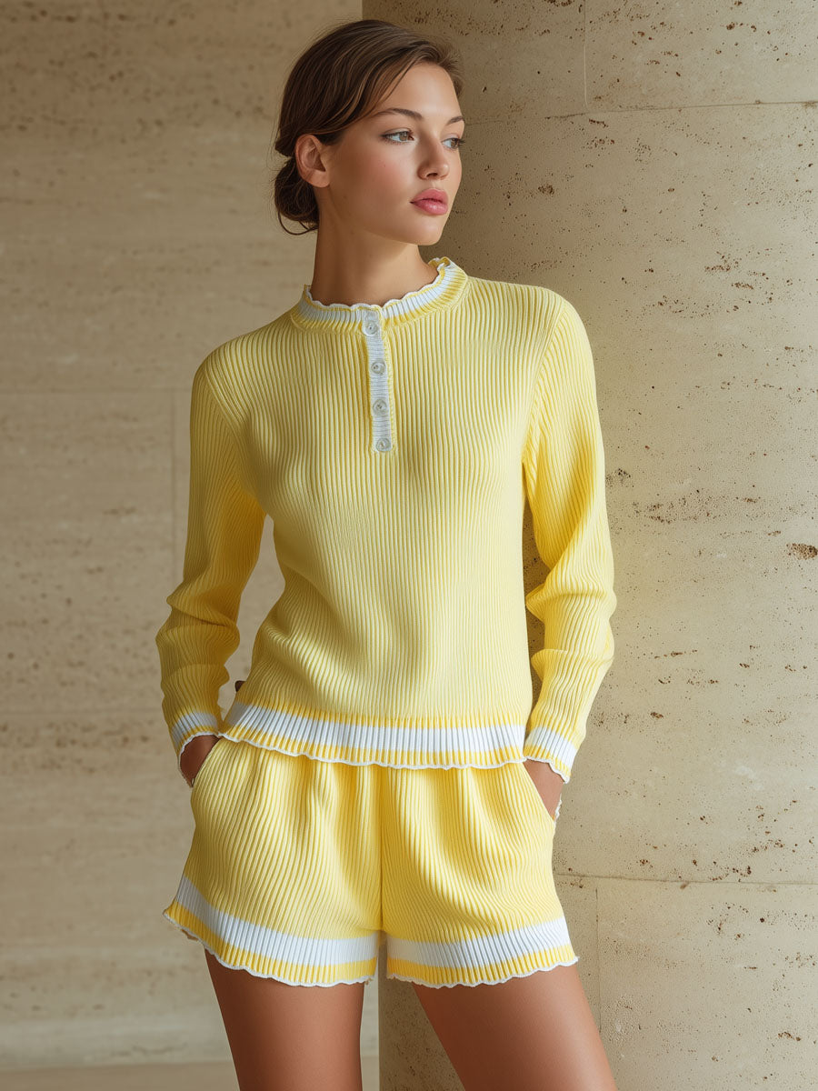 Round-neck Ruffle-trimmed Long-sleeved Top And Shorts Knitted Set
