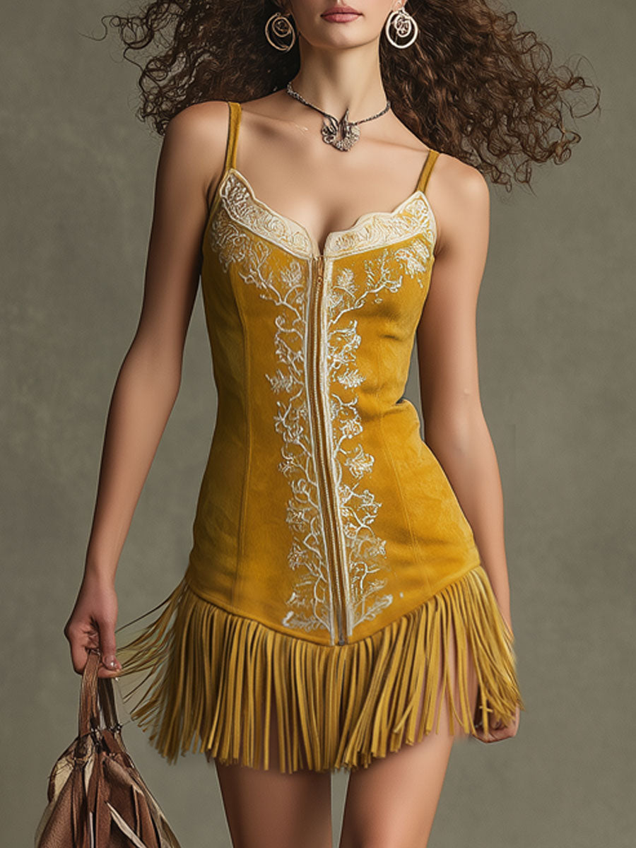 Western Retro Yellow Faux Suede Tassel Embroidered Sleeveless Mini Dress