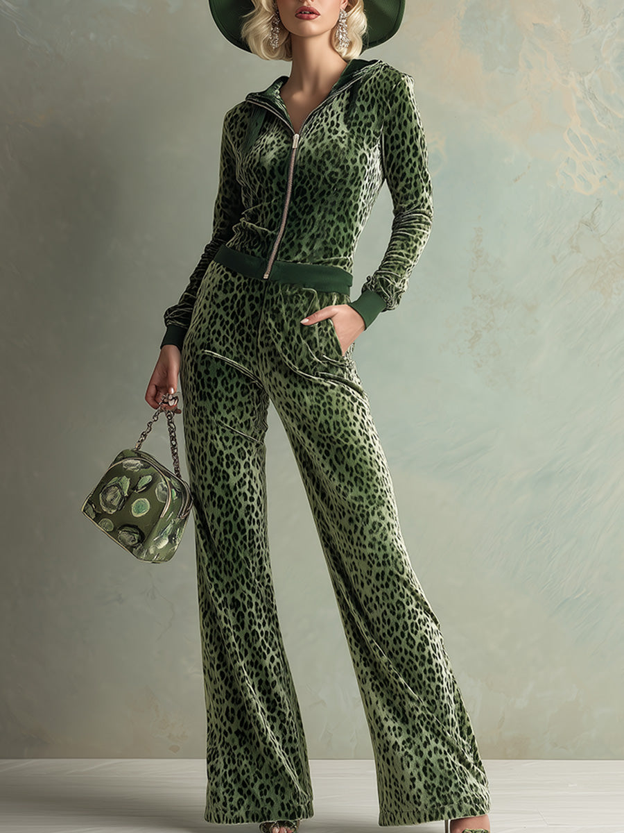 Retro Elegant Green Leopard Print Hooded Velvet Jumpsuit